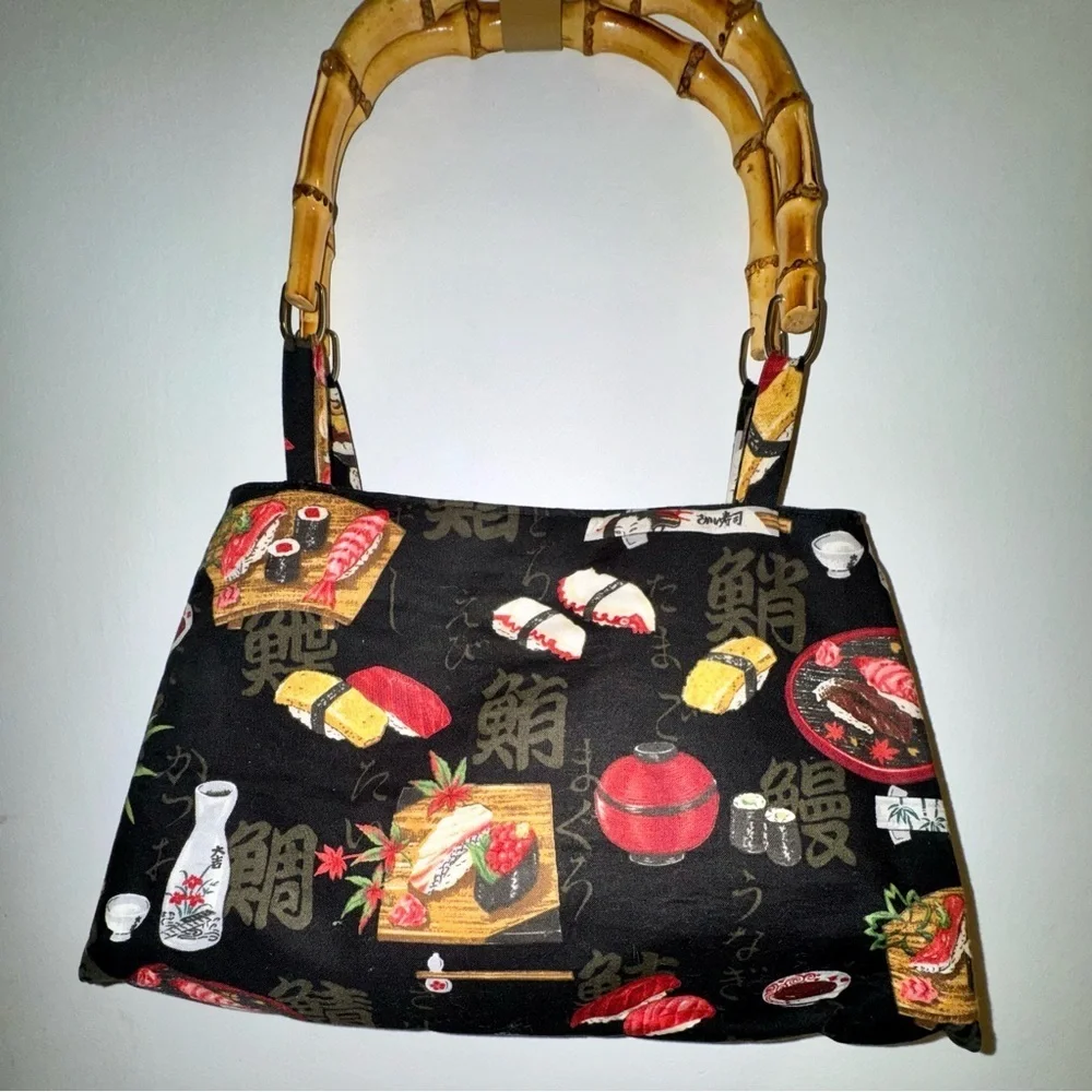 Vintage Sushi Print Handbag with Bamboo Handles